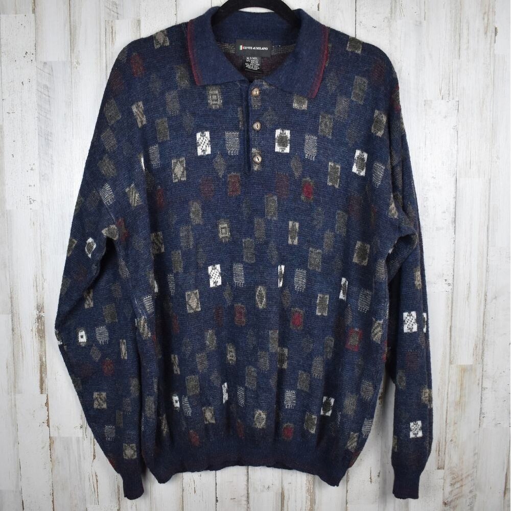 Vintage 90s Men Sweater Xlarge Tall XLT Blue Wool Henley Pullover Grandpacore